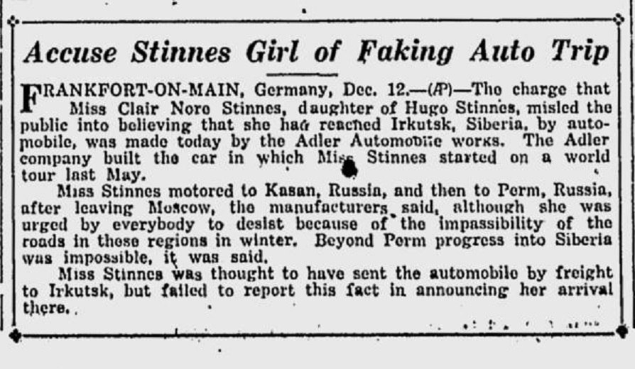 Accuse Stinnes girl of faking auto trip